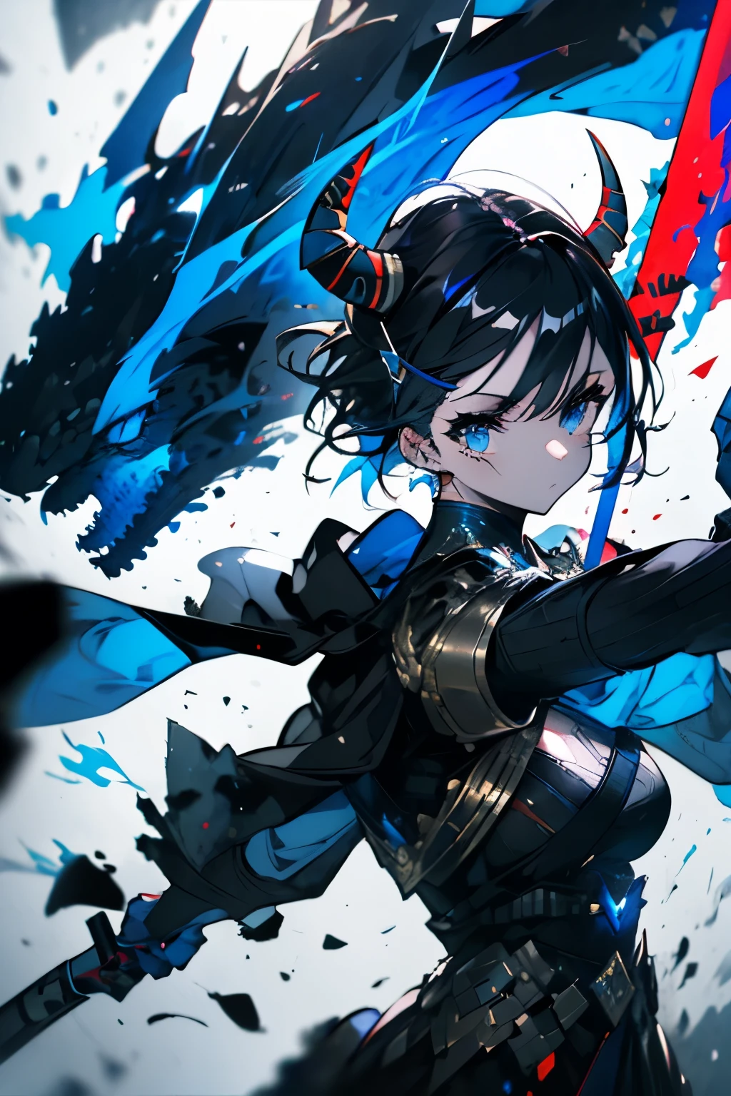  down in high resolution,  one woman,soldier, reptile with a large shield,Black Tail,  black horn,There are 2  black horns , blue shorthair with 2  black horns ,  blue eyes, Blue military uniform ,  red cloak, white long skirt,Holding a spear,ruins, with a big shield , viewers,