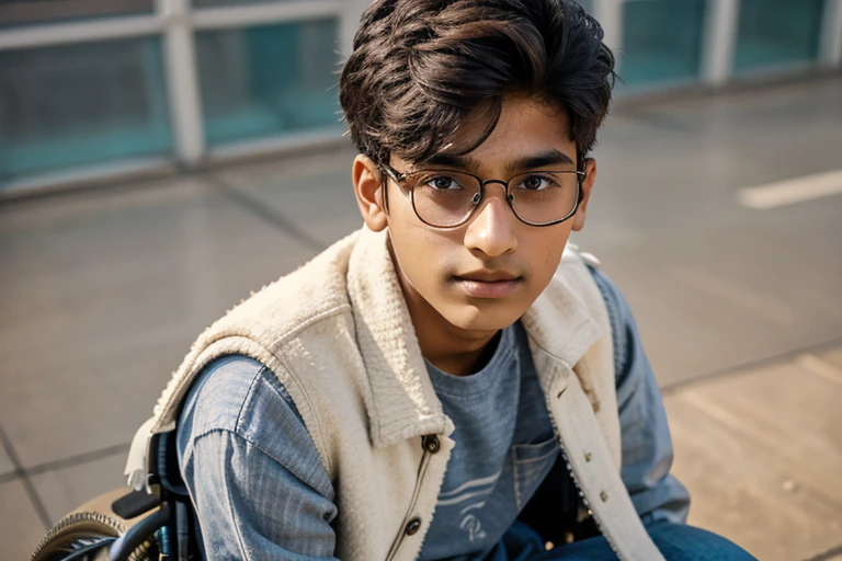  1 beautiful indian teenager , rounded face, a serious expression on his face,

realistic dishevelled short curly dark brown hair,

realistic beautiful brown eyes, glasses,

Multiple Poses and Expression, full body, sitting in wheelchair(realistic wheelchair),

White shirt, wool plaid sleeveless jacket, grey canvas pants, old sneakers, 

whole body, 

character sheet, 

different angles, realistic clothes texture, realistic hair, masterpiece, beautiful detailed rounded face,

background white --ar 3:2