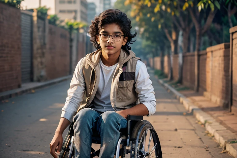  1 beautiful indian teenager boy ****, rounded face, a serious expression on his face,

realistic dishevelled short curly dark brown hair,

realistic beautiful brown eyes, glasses,

Multiple Poses and Expression, full body, sitting in wheelchair(realistic wheelchair),

White shirt, wool plaid sleeveless jacket, grey canvas pants, old sneakers, 

whole body, 

character sheet, 

different angles, realistic clothes texture, realistic hair, masterpiece, beautiful detailed rounded face,

background white --ar 3:2