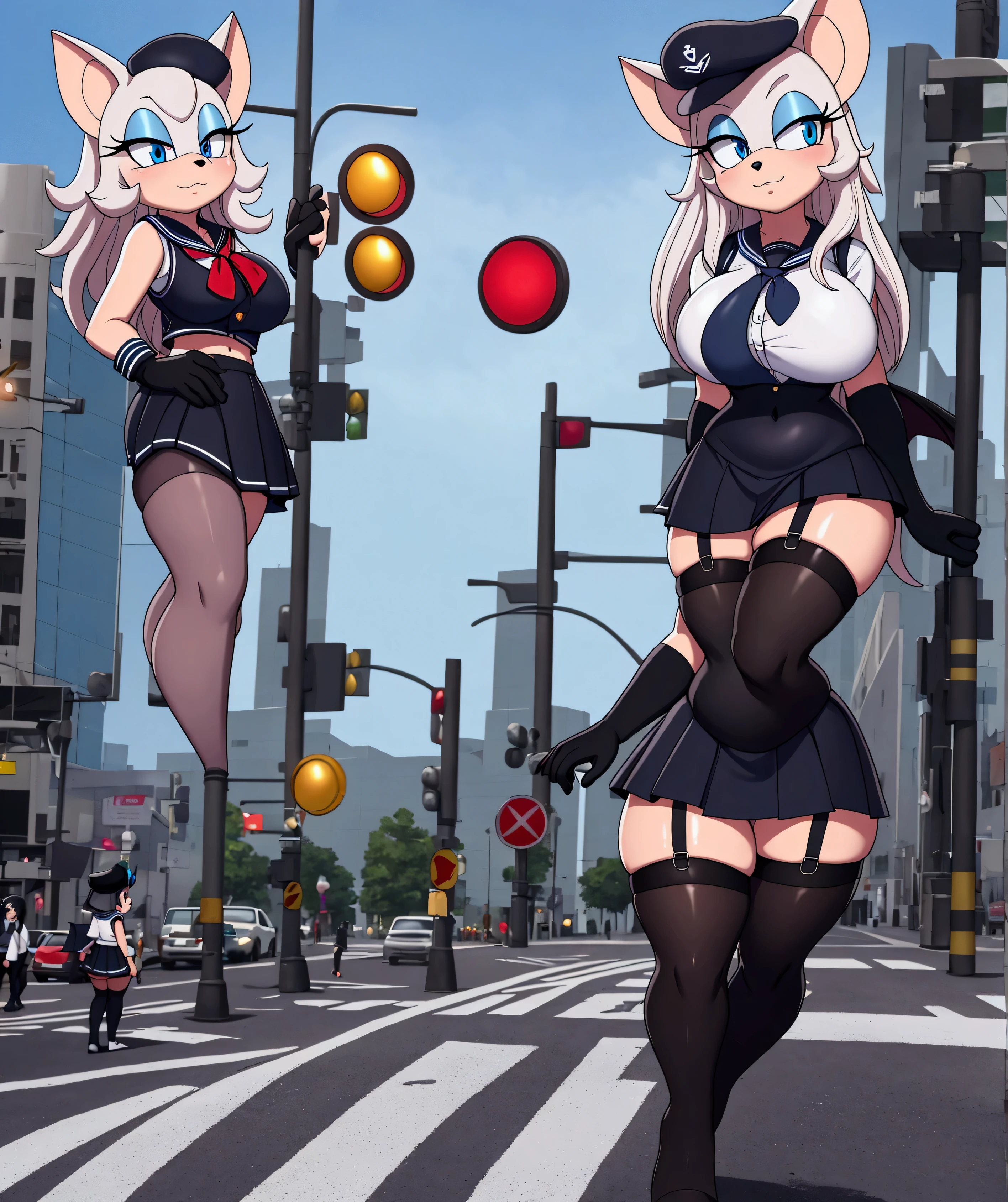 Rouge the bat, blue eyes ,schoolgirl vest, sailor hat , long hair ,,schoolgirl skirt, black stockings with straps,,  black gloves, small hips , large breasts,small hip,  Big Thighs,   walking on the street ,at a pedestrian crossing,Next to a traffic light , Large windows,on day 