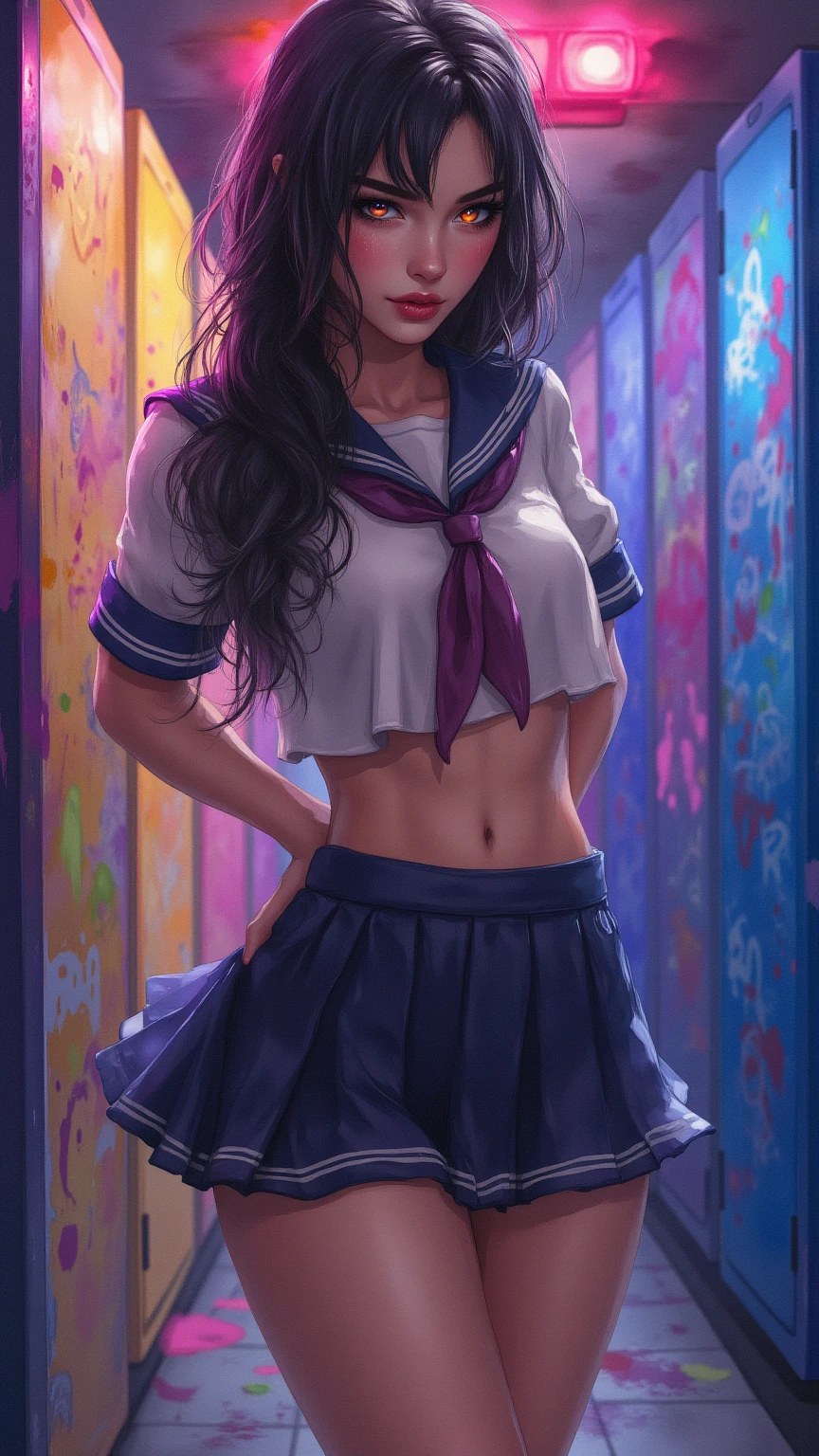 One girl、uniform　sexy　Erotic　Black Hair　mini skirt　Student Uniform　Sailor suit, Excellent anatomy, masterpiece, Highest quality,Realistic, hyperRealistic, 16k hdr,(((skirt lift))),NSFW、Long Hair、Straight Hair、bangs、freckles、Brown Hair、high school girl、White panties、Slender、Slender body、In the locker room, asian high school girl, huge breasts, cleavage, Lewd, horny, sexual gaze, huge breasts, cleavage, edgy graffiti graphic design with a neon pink, orange, and yellow colored palette, sexy pose, big orange eyes, ulzzang, portrait, (anime), manga, (3D), sexy, 8ｋ, Highest quality, masterpiece, Sharp focus, yellow hair, orange eyes, ((from below)), arms behind back, (photorealistic), 