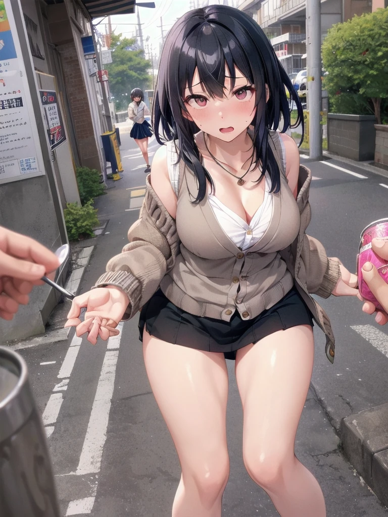     mature woman is open in millimeters  ,   お寺のBig Breasts, Student Uniform,  high school girl ,    Front Claw Cardigan with jar   ,   cosplay, Big Breasts,        open your chest wide        , ,(     miniskirt length  :1.3),  (ベージュの    Front Claw Cardigan with jar   ),  sleeveless high neck top for viewers who place their hands behind the ground , No pants,(    sweated , shiny skin:1.1), (Ruins:1.2),      outdoor     ,sunlight, Spotlight effect,Dark Skies,Strong winds,(    High image quality,      high quality:1.1),      complicated details ,         Movie Lighting    ,      1 girl,(,  Because she's embarrassed ),(     necklace     ,      Bracelets),(Remoteプレイ:1.2), (Remote_vibration:1.2), (( hand:1.3))、   Dynamic pose of a ladle holding a ladle  ,