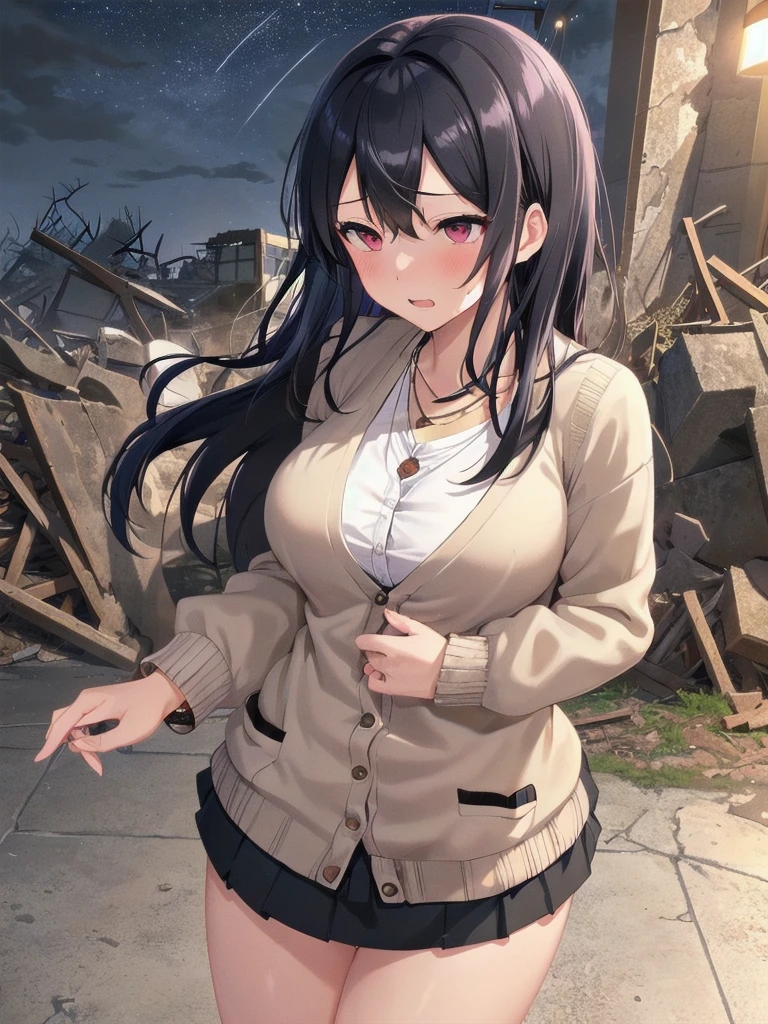     mature woman is open in millimeters  ,   お寺のBig Breasts, Student Uniform,  high school girl ,    cardigan with front closure  ,   cosplay, Big Breasts,        open your chest wide        , ,(     miniskirt length  :1.3),  (グレーの   フロントクロージャー付き cardigan with front closure  ),  sleeveless high neck top for viewers who place their hands behind the ground , No pants,(    sweated , shiny skin:1.1), (Ruins:1.2),      outdoor     ,sunlight, Spotlight effect,Dark Skies,Strong winds,(    High image quality,      high quality:1.1),      complicated details ,         Movie Lighting    ,      1 girl,(,  Because she's embarrassed ),(     necklace     ,      Bracelets),(Remoteプレイ:1.2), (Remote_vibration:1.2), (( hand:1.3))、   Dynamic pose of a ladle holding a ladle  ,