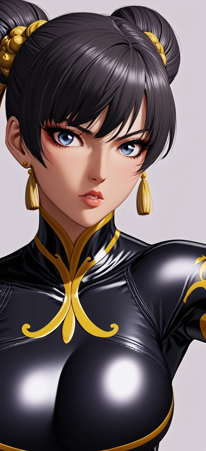 A close-up of a woman((  chun li hairstyle 2 chongos tied ))with a black latex suit., seductive anime girl, breasts, ,  beautiful and attractive anime woman , seductive.  highly detailed , anime  highly detailed , ecchi, , pose sexy, imagen pixiv 3dcg, black,  beautiful and captivating teen anime , anime goddess ,  ecchi anime style , attractive anime girl,underarm sweat , Openpose _full raising hands ,  ultra detailed masterpiece image ultra high definition,12 k,  elegant background lights and shadows  