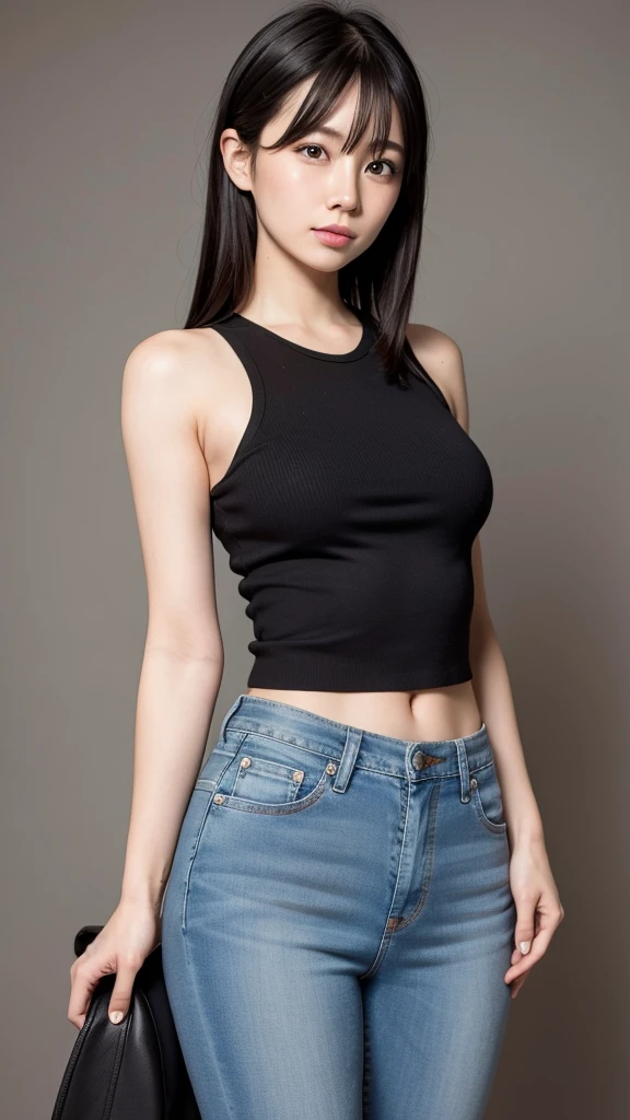 Cute dark skinned Chinese girl wearing glasses, detailed skin tight jeans, tight crop top, mid size butt,