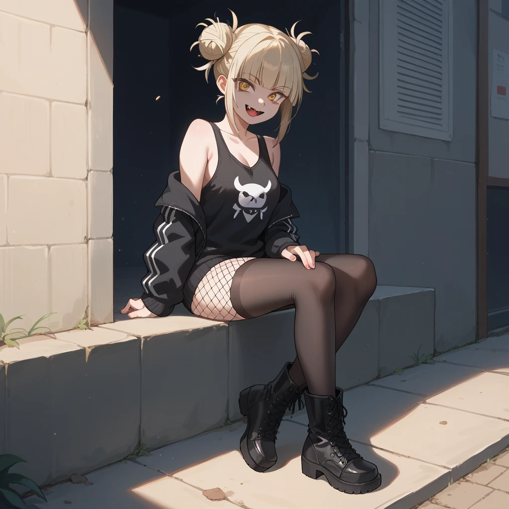 Himiko Toga perfect smile with fangs coming out,  full body wool sweater, black boots, black flick, sexy petite tank top and black fishnet tights 