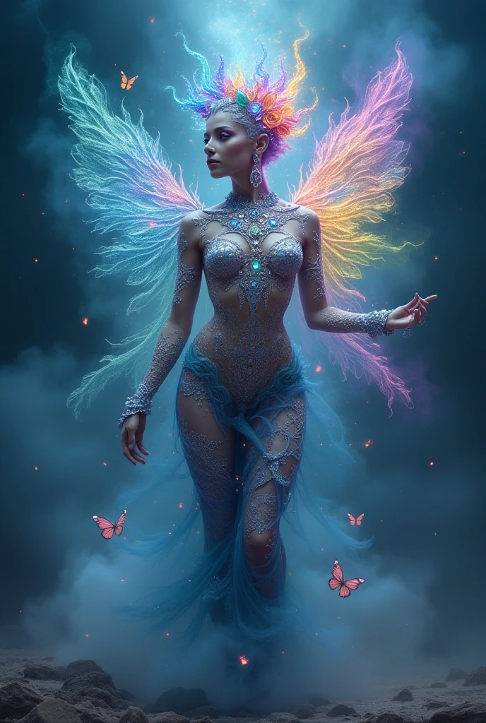 Otherworldly female, luminescent skin, flowing garments made of iridescent gossamer, adorned with glowing insects, opulent tiara made of butterfly wings, surrounded by bioluminescent flora, floating in a dark nebula, rendered in watercolor by Boris Vallejo, Julie Bell, celestial color palette, ethereal lighting, intricate details, 4k, HD, high contrast, dreamlike