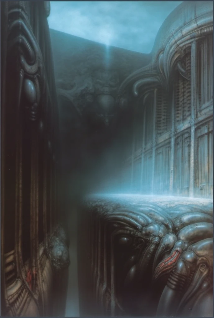 H. R. Giger's g1g3r, , Giger_style, H. R. Giger's g1g3r, , Giger_style, The image is a detailed view of H.R. Giger's \" Alien  \" plate, featuring ( A painting of (biological style scenery), (neoplasticism:liminal void:0.1),a machine inside of a building, dieselpunk biological living, colossal,mechano-organic, infestations over beomesurreal biomechanical landscape, , robotics cross sections, ((perspective)), h r giger's city,giger_style, by (hariton pushwagner:h.r. giger:0.4), detailed innards,(((cleen colors palette,saturated, silver crimson and gold, intoxicatingly blue and understand grey))), (process art:deconstructivism), allegory of sin,infinitely detailed ultrafine and contrast organic textures,big painting,, medium: airbrush, biomech, aerial view yoji shinkawa, award winning on artforum, (( high contrast)), trend on quality of details,colorized: vibrant  colors, incredibly detailed and hyper-detailed, masterpiece, best quality:1.4) The artistic manner would be unmistakably Gigeresque. A dark and unsettling beauty would permeate the piece, blurring the lines between fascination and repulsion , forever haunted by the grotesque allure. Giger's signature artistic manner would be evident in every stroke. The artist has used careful linework to depict the contours and textures in the piece, (Triadic:1.1), (Proportion:1.1),  , (Reflected light:1.2), Parchment, ultra detailed, intricate,, dry b (best quality:1.4), H.R. GIGER,  BY GIGER