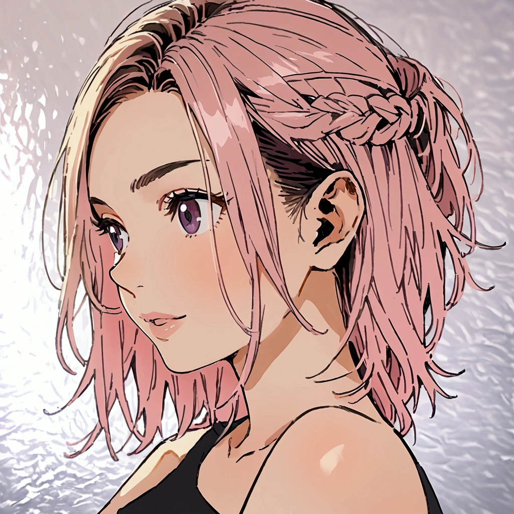 Pastel pink asymmetrically cut medium hair  ,  the left side reaches the shoulder and the left side reaches the ear the hair is full and a bit messy especially on the left side and the hair is straight