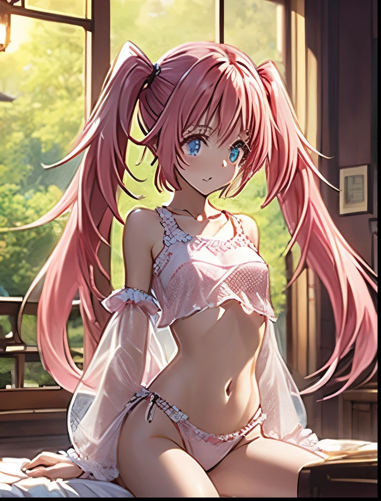 (((SFW、Precision、Highest quality、A first-class masterpiece、Normal body、8k、 Detailed Face 、Ultra-precision、 Normal hand、5refer to、Highest)))、-That Time I Got Reincarnated as a Slime-、Milim Nava、Pink hair、 twin tails、Nipple erection、 white ultra-thin camisole with transparent nipples、ultra-thin see-through sleepwear 、 is embarrassing、blush、bedroom、First Night