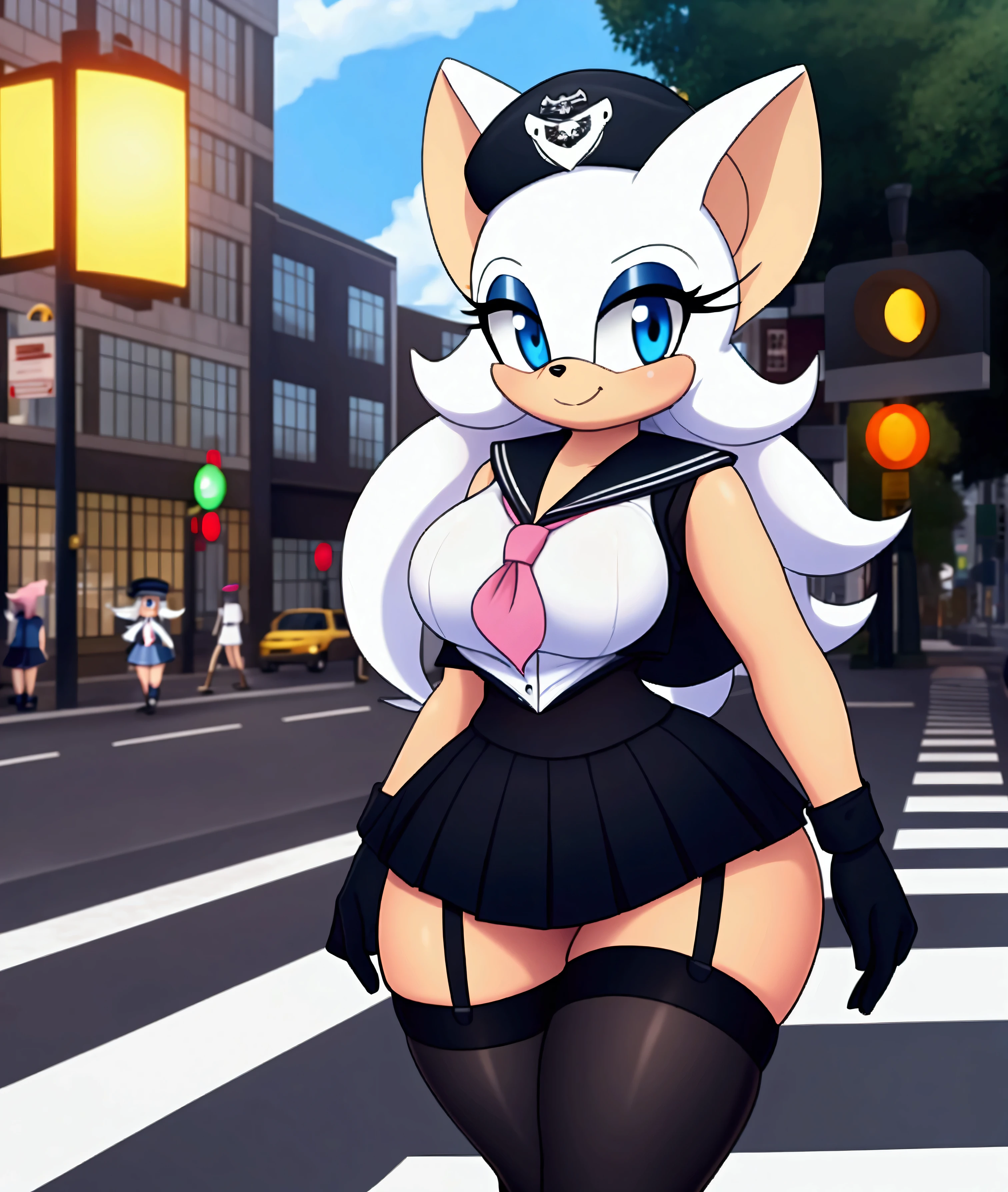 Rouge the bat, blue eyes ,schoolgirl vest, sailor hat , long hair ,,schoolgirl skirt, black stockings with straps,,  black gloves, small hips , large breasts,small hip,  Big Thighs,   walking on the street ,at a pedestrian crossing,Next to a traffic light , Large windows,on day 