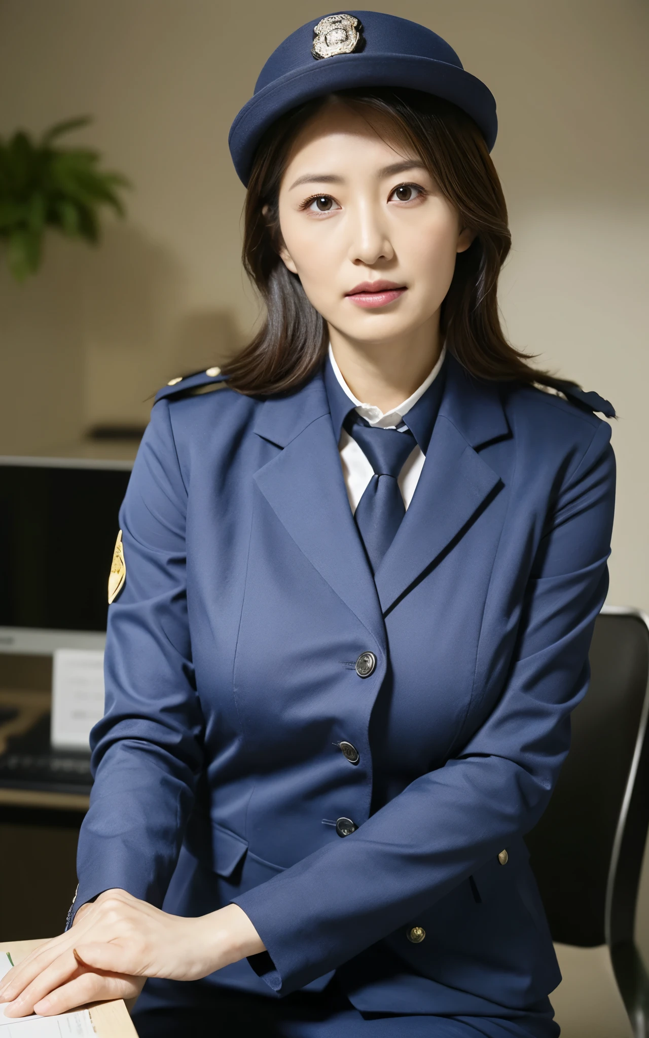 Policewoman，Around 35 years old，Sitting in the office，Sexy clothing ，Wear a miniskirt and black。((best quality)), ((masterpiece)), (detailed), Perfect face
