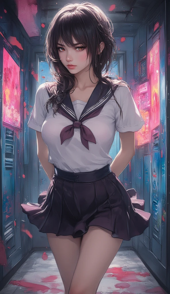 One girl、uniform　sexy　Erotic　Black Hair　mini skirt　Student Uniform　Sailor suit, Excellent anatomy, masterpiece, Highest quality,Realistic, hyperRealistic, 16k hdr,(((skirt lift))),NSFW、Long Hair、Straight Hair、bangs、freckles、Brown Hair、high school girl、White panties、Slender、Slender body、In the locker room, asian high school girl, huge breasts, cleavage, Lewd, horny, sexual gaze, huge breasts, cleavage, edgy graffiti graphic design with a neon pink, orange, and yellow colored palette, sexy pose, big orange eyes, ulzzang, portrait, (anime), manga, (3D), sexy, 8ｋ, Highest quality, masterpiece, Sharp focus, yellow hair, orange eyes, ((from below)), arms behind back, (photorealistic), 