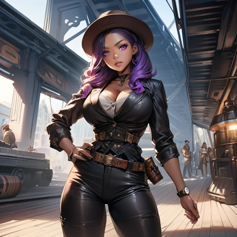 (intricate details), 30 years old, very long hair, purple hair, straight hair, perfect face, sharp eyes, gray eyes, slender face, makeup: 1.5, face detailed, 4K, realistic, charismatic, very detailed, steampunk, there are girls all over the city, steampunk world industrial background city theme, slender figure, boyish figure, small pretty breasts, tattoo, Top hat, black leather tailored jacket, white blouse, brown leather bustier, black leather gloves, black leather short pants, full body, wearing long black leather boots, wearing a black cape, holding a flintlock pistol in right hand, scary face, um home d'tetive, conceptual art, realism, godley, film lighting, multiview, canon, UHD, high-detail, high-quality, HD, 16k