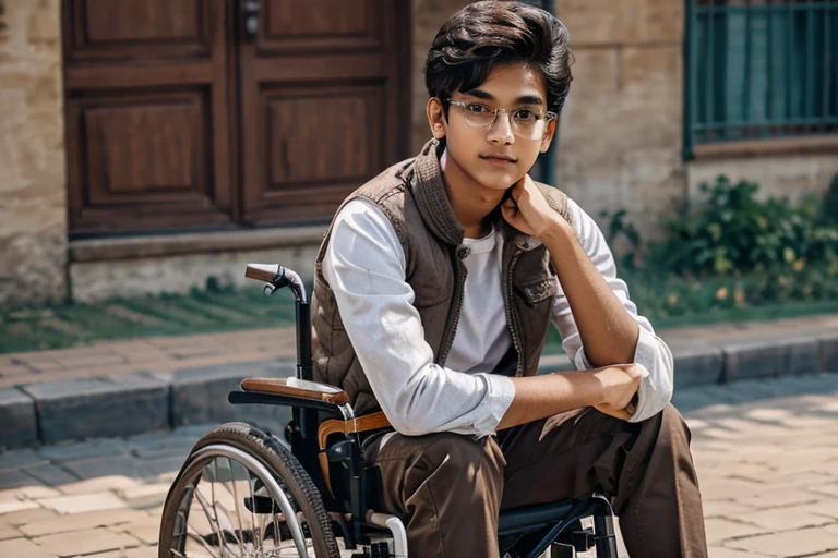  1 beautiful indian teenager boy ****, rounded face, a serious expression on his face,

realistic dishevelled short curly dark brown hair,

realistic beautiful brown eyes, glasses,

Multiple Poses and Expression, full body, sitting in wheelchair(realistic wheelchair),

White shirt, wool plaid sleeveless jacket, grey canvas pants, old sneakers, 

whole body, 

character sheet, 

different angles, realistic clothes texture, realistic hair, masterpiece, beautiful detailed rounded face,

background white --ar 3:2