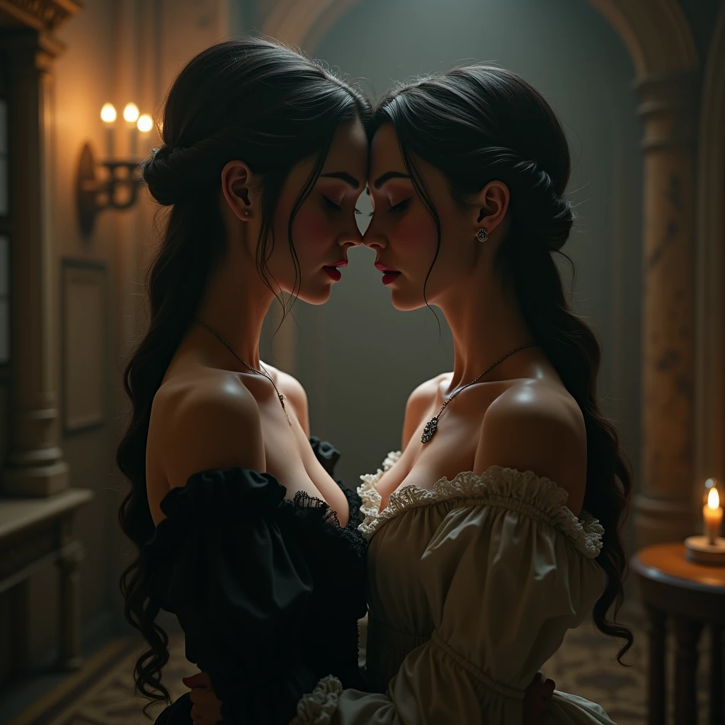 (best quality,realistic,highres:1.2),a beautiful upper-class woman,conservatively dressed(beautiful detailed dress,Victorian era style:1.1),is passionately embracing and passionately kissing on the mouth(kiss and hold passionately),extremely detailed eyes and face, with long eyelashes, with a prostitute in a scantly dressed attire(sensual clothing:0.9). The scene is set in a dimly lit, opulent brothel with richly designed interior (richly decorated interior, dark atmosphere). The woman's surroundings exude elegance and luxury, with antique furniture and elaborate drapery. The atmosphere is filled with a sense of forbidden desire and provocative aesthetics, portrayed by the contrasting attire and the embracing of social norms. The colors are rich and vibrant, with a warm color palette and soft, diffused lighting (warm color tones, soft lighting, sensual ambiance). The overall composition reflects a fusion of passion, secrecy, and societal restrictions, encapsulating the complexities and contradictions of Victorian society.