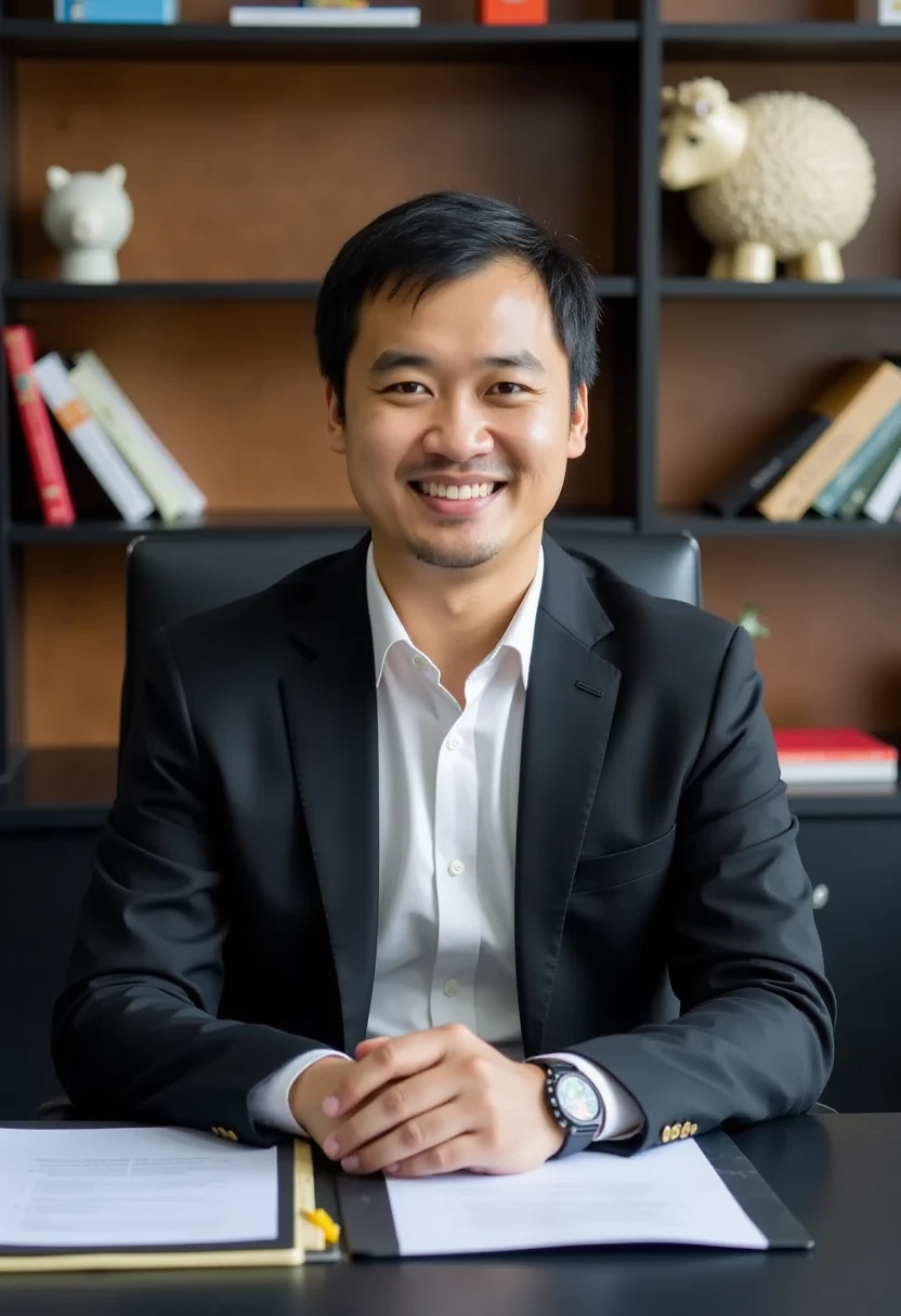 A Professional man sitting confidently in an office chair,   wearing a black business suit , , white shirt,  .    Straight hair off her forehead , long black.  The background of the office has shelves for books and decorations..,   like the shape of a little sheep. , . . . The overall atmosphere is neat, , , Professional, And the style  .