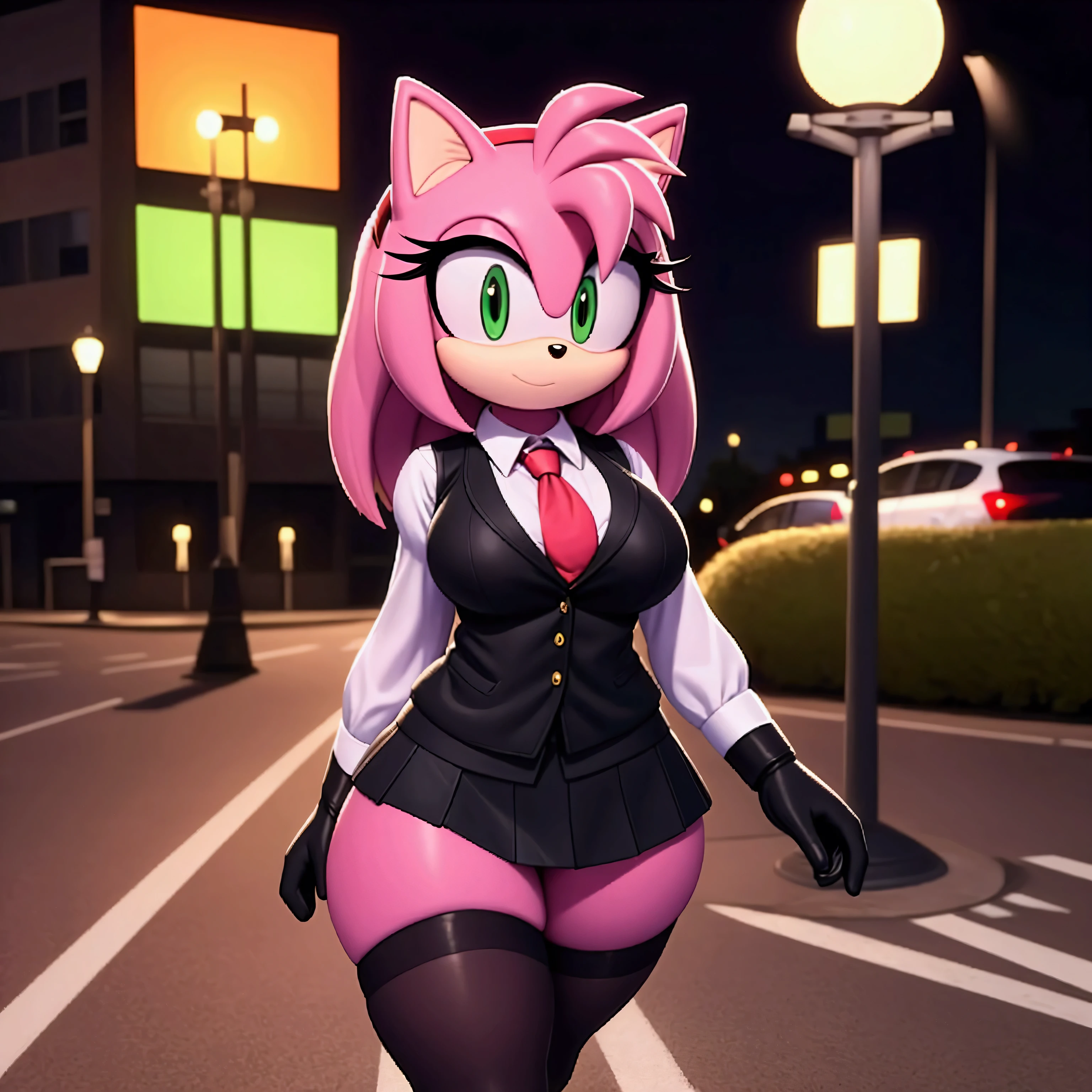 Amy rose , green eyes,schoolgirl vest, black sash , long hair ,,schoolgirl skirt, black stockings with straps,,  black gloves, small hips , large breasts,  Big Thighs,   walking on the street ,at a pedestrian crossing,Next to a traffic light , Large windows,night,