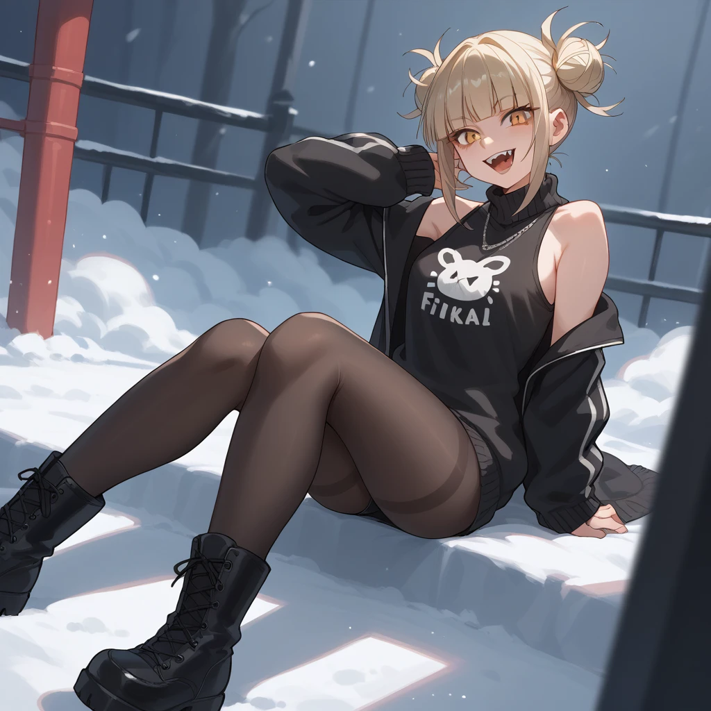 Himiko Toga perfect smile with fangs coming out,  full body wool sweater, black boots, black flick, sexy petite tank top and black fishnet tights 