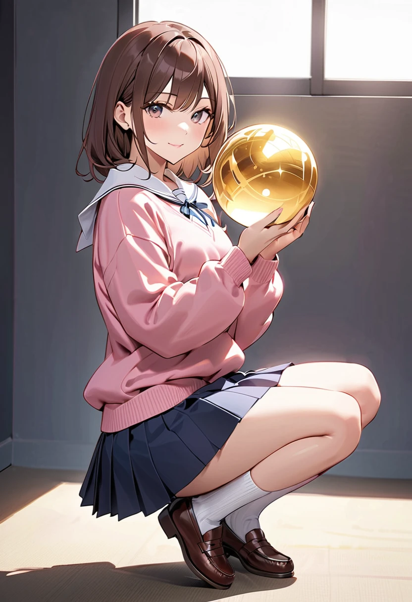 (Masterpiece, BestQuality:1.2),A girl with a proud expression holding a shining golden ball,She has short brown hair, is wearing a pink cardigan over a white school blouse, a dark blue pleated skirt, white loose socks, and brown loafers. "momo ayase" From the japanese-anime "Dandadan",