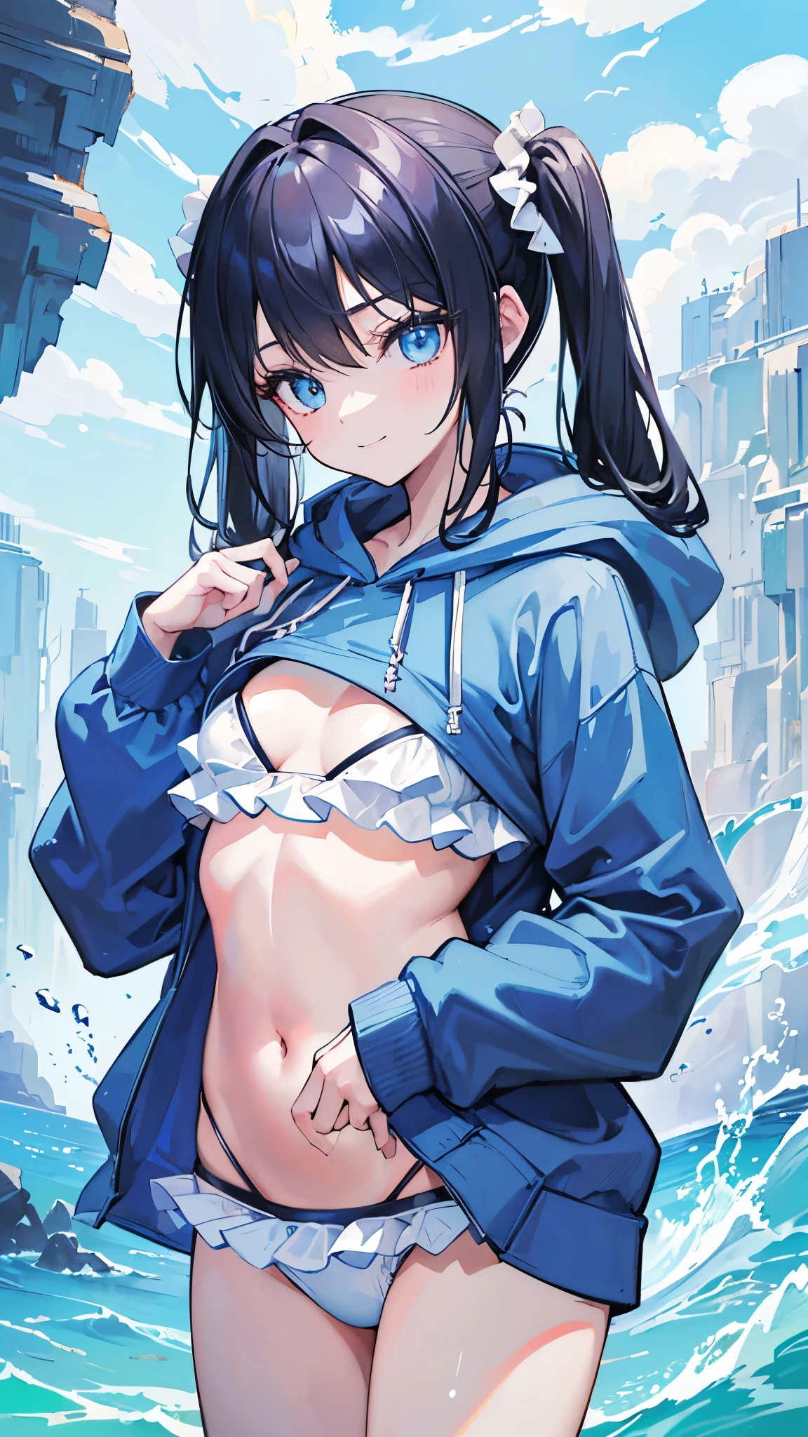 ((best quality)), ((masterpiece)), (ultra detailed), 1 girl, solo, ((black inner blue hair)), ((secret two tone)), ((straight long hair)), ((half side up with under hair)), blue eyes, ((white round shirts)), very short black dolphin shorts, ((loosen box fit skyblue training long jacket)), glamour, big breast, finely detailed face, dynamic pose, sunset, perfect anatomy hands