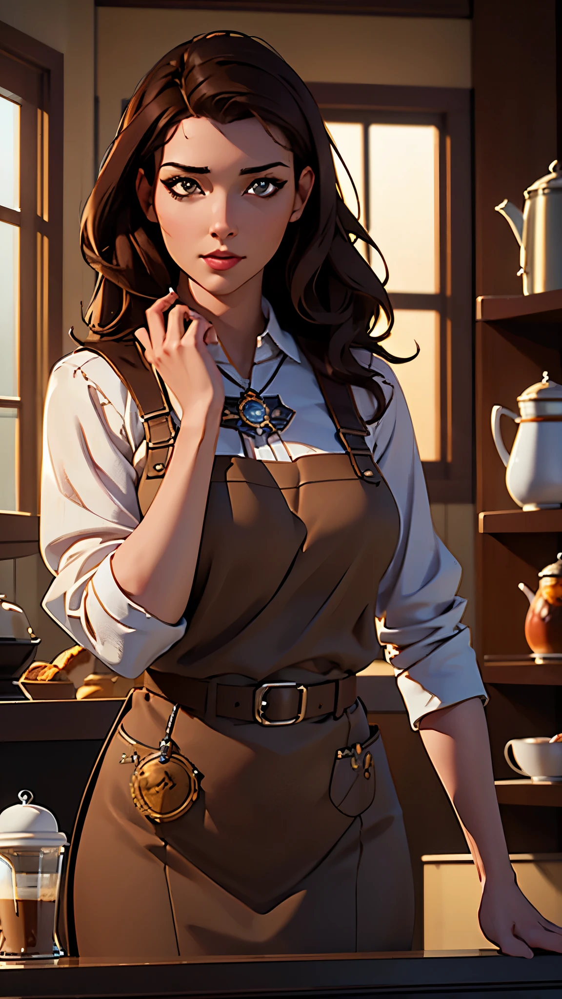 masterpiece,highest quality,Stylish western style cafe,female cafe clerk,(cafe clerk:1.3),(fine clothes),(carry a coffee pot),laughter,Bright atmosphere in the store, highest quality,8K,super high resolution,(Photoreal:1.3),RAW photo、(1 female), ((brown hair, casually hair:1.6)), glowing skin, cafe clerk, stylish, cute apron,((Ultra realistic details)),portrait,global illumination,octane rendering, 8K,super sharp,very intricate details,realistic light,Trends in CG society,beautiful eyes,shining eyes,towards the camera
