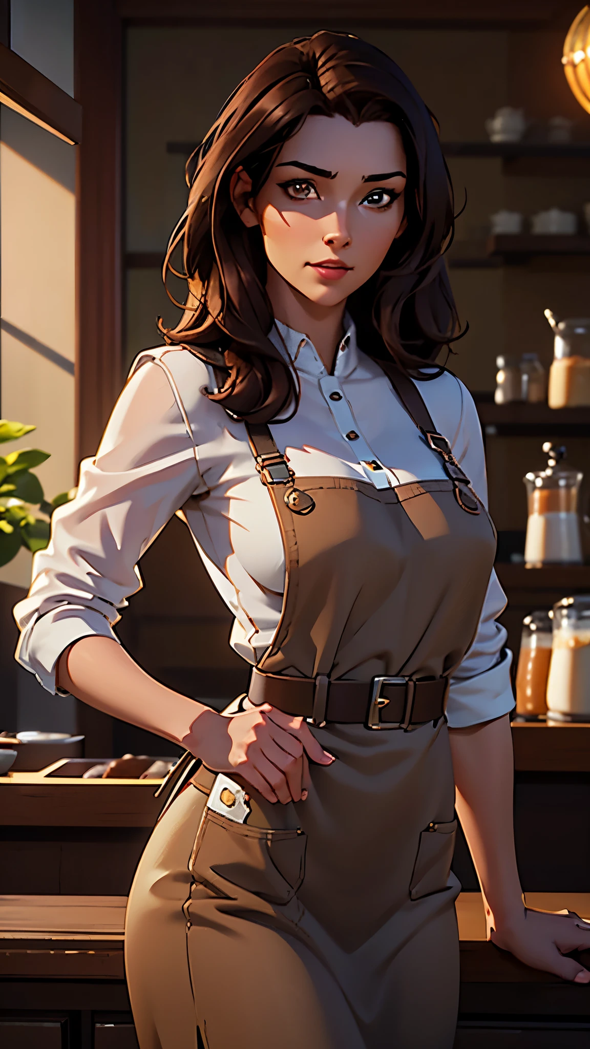 masterpiece,highest quality,Stylish western style cafe,female cafe clerk,(cafe clerk:1.3),(fine clothes),(carry a coffee pot),laughter,Bright atmosphere in the store, highest quality,8K,super high resolution,(Photoreal:1.3),RAW photo、(1 female), ((brown hair, casually hair:1.6)), glowing skin, cafe clerk, stylish, cute apron,((Ultra realistic details)),portrait,global illumination,octane rendering, 8K,super sharp,very intricate details,realistic light,Trends in CG society,beautiful eyes,shining eyes,towards the camera