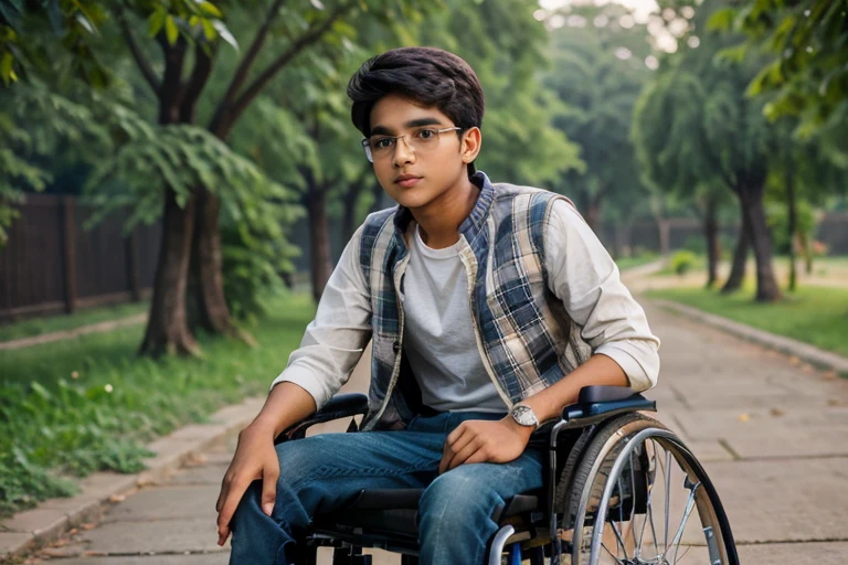  1 beautiful indian teenager boy ****, rounded face, a serious expression on his face,

realistic dishevelled short curly dark brown hair,

realistic beautiful brown eyes, glasses,

Multiple Poses and Expression, full body, sitting in wheelchair(realistic wheelchair),

White shirt, wool plaid sleeveless jacket, grey canvas pants, old sneakers, 

whole body, 

character sheet, 

different angles, realistic clothes texture, realistic hair, masterpiece, beautiful detailed rounded face,

background white --ar 3:2