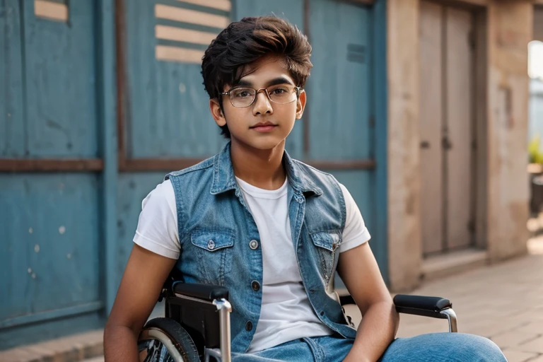  1 beautiful indian teenager , rounded face, a serious expression on his face,

realistic dishevelled short curly dark brown hair,

realistic beautiful brown eyes, glasses,

Multiple Poses and Expression, full body, sitting in wheelchair(realistic wheelchair),

White shirt, wool plaid sleeveless jacket, grey canvas pants, old sneakers, 

whole body, 

character sheet, 

different angles, realistic clothes texture, realistic hair, masterpiece, beautiful detailed rounded face,

background white --ar 3:2