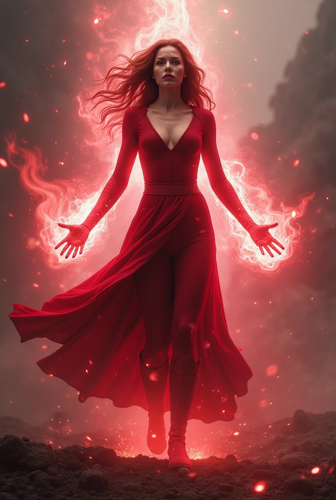 (full body shot:1.1) photorealistic image of a woman, ultrarealistic, photography, long red hair, girl, 24 years old, hourglass figure, perfect body, Flirty look, extremely detailed artgerm, in the style artgerm, facing the camera, lens 35 mm, blur background, scarlet witch red cosplay, floating high in the air, red electric glowing hands, sparkling with red electricity, outside in dark clouds, clouds with blue electricity, full body, full body pic (full body) (full body portrait), show her from head to toe, she is wearing red knee high boots with gold soles