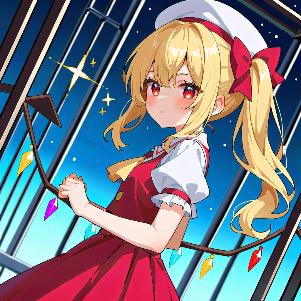 1girl, She is locked in a cage, where she plays with dolls. My Artwork style, flanN, flandre scarlet, blonde hair, side ponytail, hair bow, white headwear, red eyes, glowing eyes, loneliness, emotionless, sadness,  white puffy sleeves,white sleeves, short sleeves, red vest, yellow ascot, red skirt, frills, sparkle, star \(symbol\), cowboy shot, look back, front view, close to viewer, dutch angle, stand, stop, motionless, cool filters, 