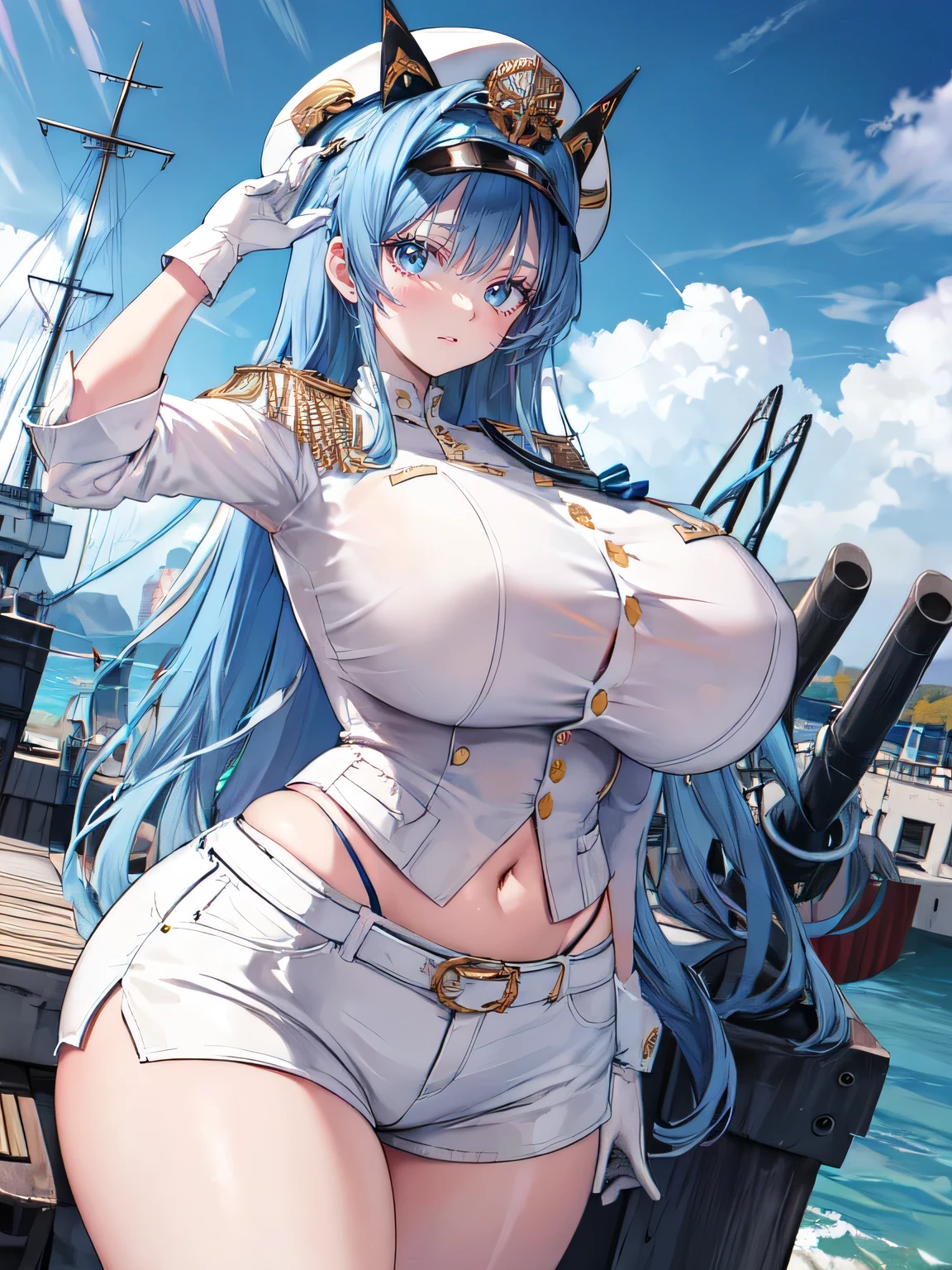 helmdef, hat, military, white shorts, white gloves, (gigantic breasts:1.1),(scenery of war ship :1.2),(thicc:1.3),midriff，grin