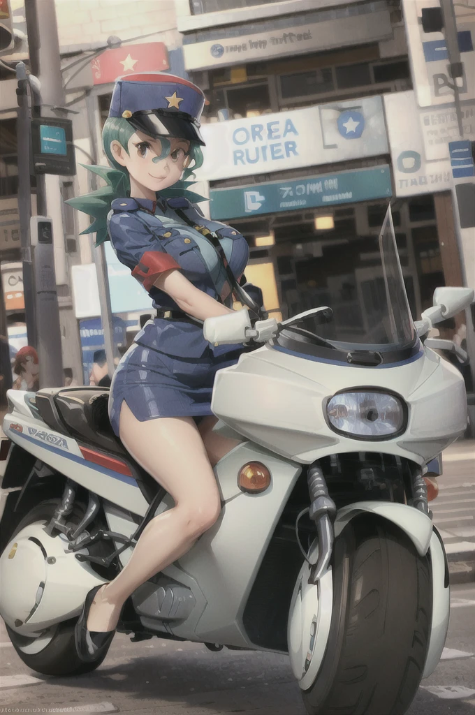 (masterpiece, best quality:1.2) officer jenny, pokemon, 1girl, solo, long hair, breasts, looking at viewer, smile, red eyes, green hair, huge breasts, green hair, white gloves, police hat, miniskirt, bag, star (symbol), uniform, blue skirt, blue shirt, pencil skirt, brown pantyhose, (motor vehicle, ground, vehicle, riding,:1.2) police uniform, simple background 