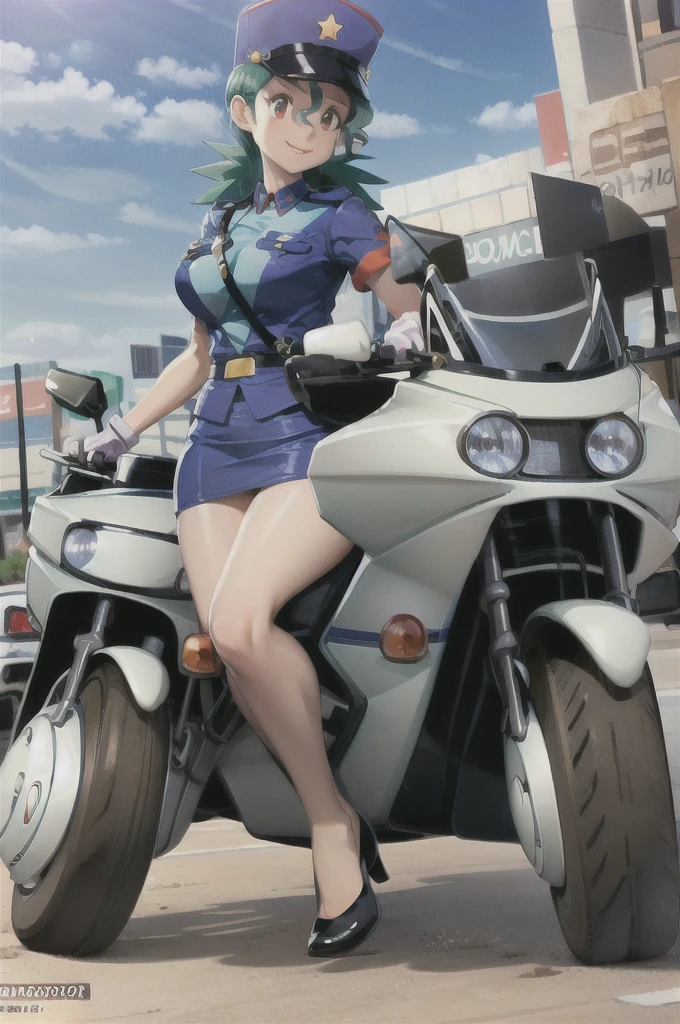 (masterpiece, best quality:1.2) officer jenny, pokemon, 1girl, solo, long hair, breasts, looking at viewer, smile, red eyes, green hair, huge breasts, green hair, white gloves, police hat, miniskirt, bag, star (symbol), uniform, blue skirt, blue shirt, pencil skirt, brown pantyhose, (motor vehicle, ground, vehicle, riding,:1.2) police uniform, simple background 