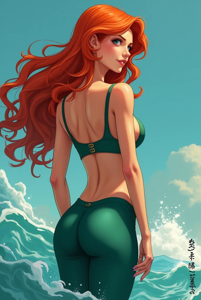 Red haired Curvy Latina with green eyes in blue shirt and white cotton high cut panties, lifting shirt, anime art style, intricate details
