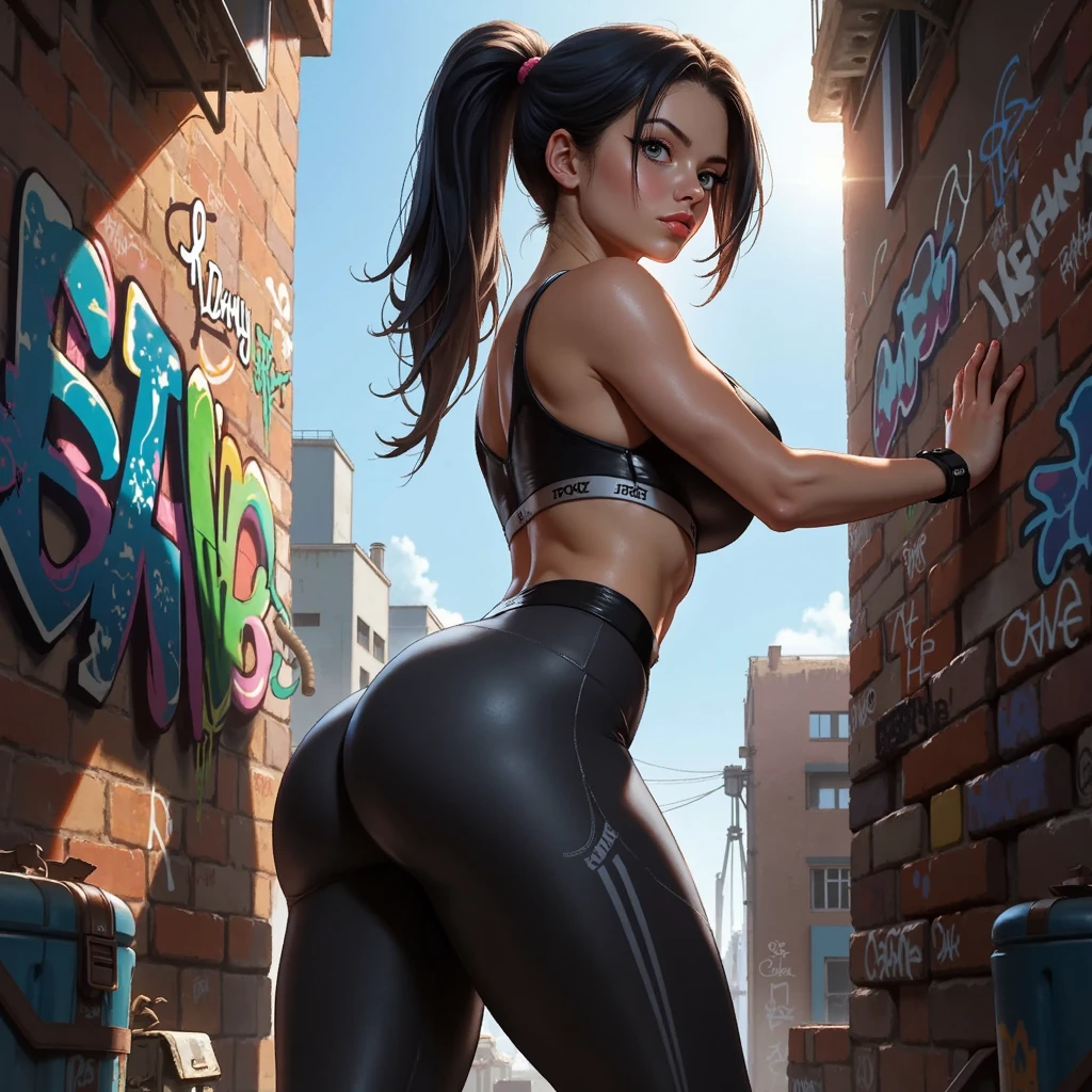 24-year-old woman、Sexy proportions、Long eyelashes、eye shadow、lipstick、Sexy、erotic、Wear a T-shirt、Wear leggings、Wear bouldering shoes、Climb the bouldering wall、Tie your hair back