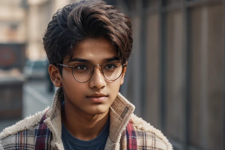  1 beautiful indian teenager , rounded face, a serious expression on his face,

realistic dishevelled short curly dark brown hair,

realistic beautiful brown eyes, glasses,

Multiple Poses and Expression, full body, sitting in wheelchair(realistic wheelchair),

White shirt, wool plaid sleeveless jacket, grey canvas pants, old sneakers, 

whole body, 

character sheet, 

different angles, realistic clothes texture, realistic hair, masterpiece, beautiful detailed rounded face,

background white --ar 3:2