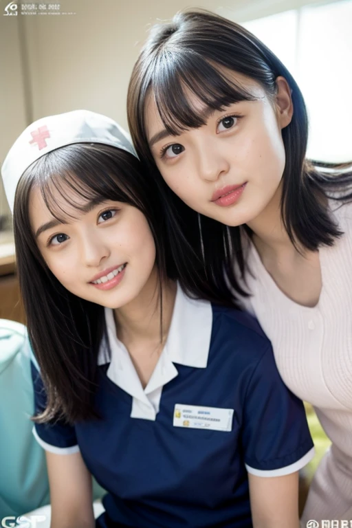 20 years old  japanese sweet model,smile,droppy big eyes,medium breasts,cleavage,three women in nurses uniforms posing for a picture,  white uniform, nurse girl, High quality fan art, nurse uniform, Dressed in white, style  art gel , 🌺 CGSociety, ig model |  art gel , nurse, ([doctor),  Liam Wong of style ,  in a , [doctor, style of  art gel , Realistic art style、 Anatomically Correct , Kubo Shiori、Mizuki Yamashita、Shiraishi Mai、Sakura Endo