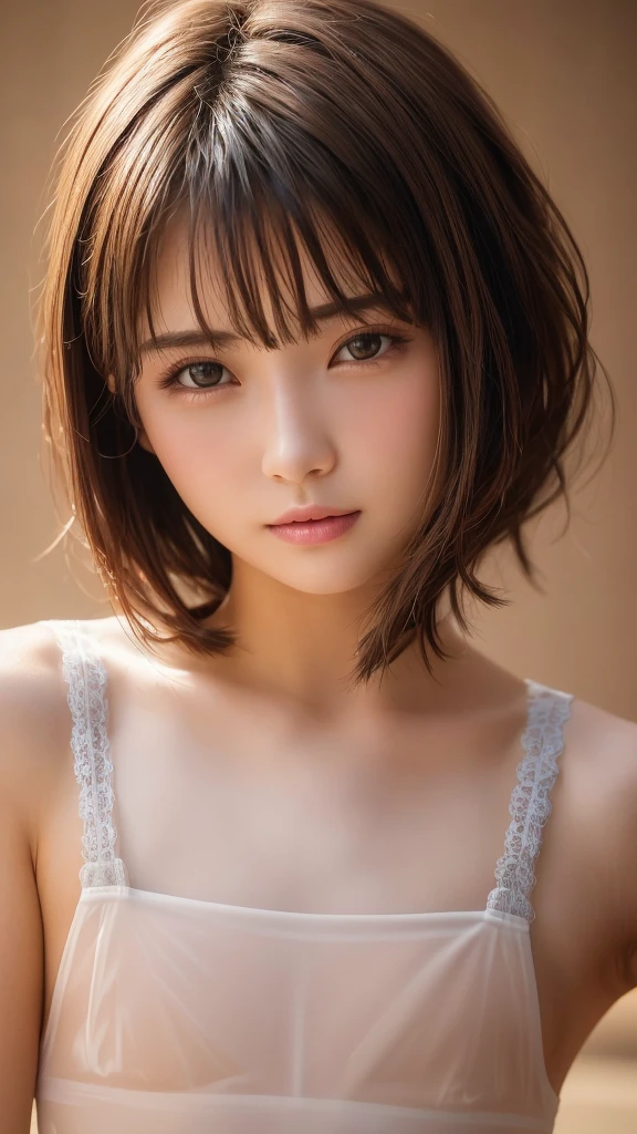 masterpiece, Best Quality, 8k、((30-year-old woman:1.4))、( beautiful Japanese women :1.4))、( upper body:1.4), ((Sheer lingerie:1.4))、(( fully transparent micro lingerie:1.4))、(( blonde short bob cut))、((Small and flat chest:1.3))、 beautiful girls,  cute face,  staring at the audience ,Expressionless, surreal,  Hi-Res, photo shoot,  Hi-Res, chromatic aberration,  sharp concentration,  Hi-Res,  Face Light,  dynamic lighting,  Movie Lighting, Professional Shadow,  simple background, (natural color background :1.4),  most detailed,  very detailed, Super detailed, finely, real skin,   Delicate Features ,  Detailed Face and Eyes , Sharp pupils, Realistic woman