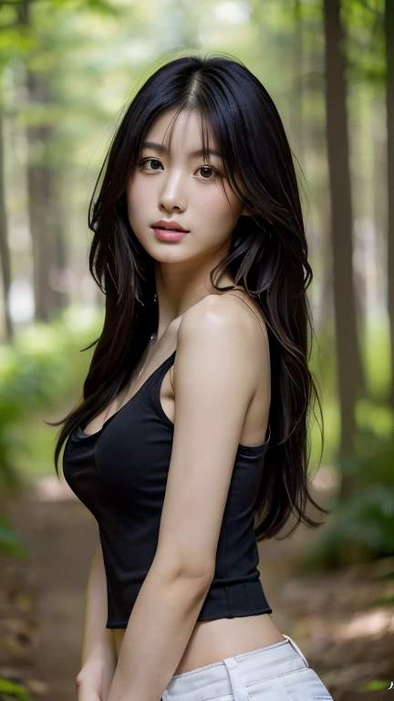 real picture,(lifelike, high resolution:1.3),(whole body:1.5), (1 girl with a perfect figure:1.4), Delicate facial features,Double eyelids,Long eyelashes,Tall nose,Wear a necklace,Long hair,Lean abdominal muscles:1.1 ,Random color T-shirt:1.2,Shorts of random color,(black:1.5), Big , A little cleavage