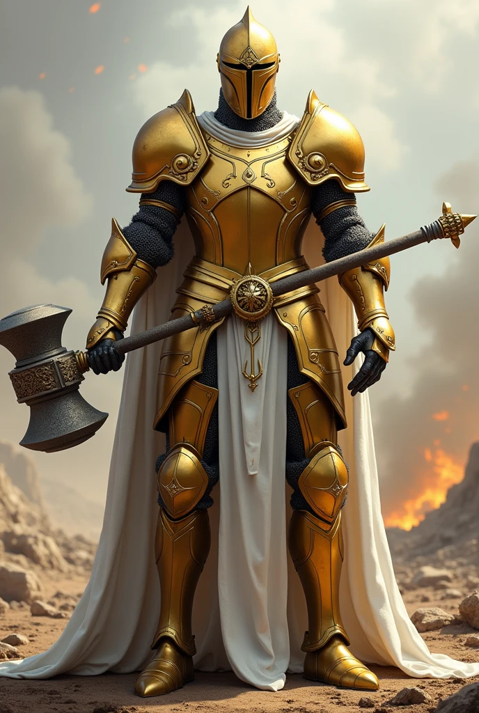 Knight in gold and white armor with a helmet and a war hammer - SeaArt AI