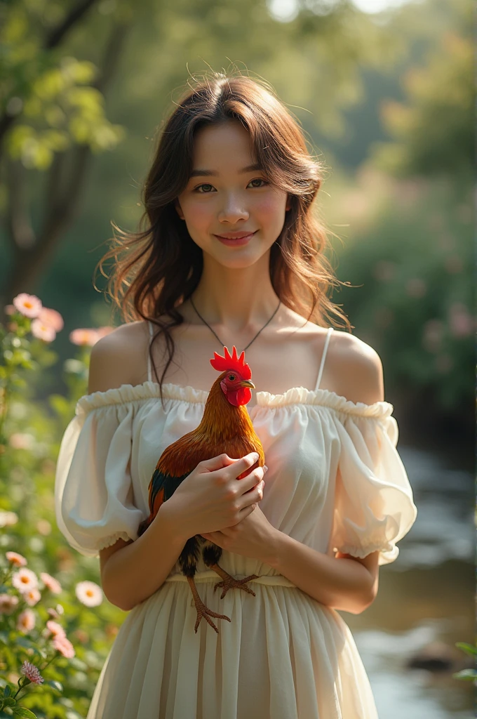 I want to edit a photo of a beautiful smiling  with a small rooster in his hand with the beauty of nature