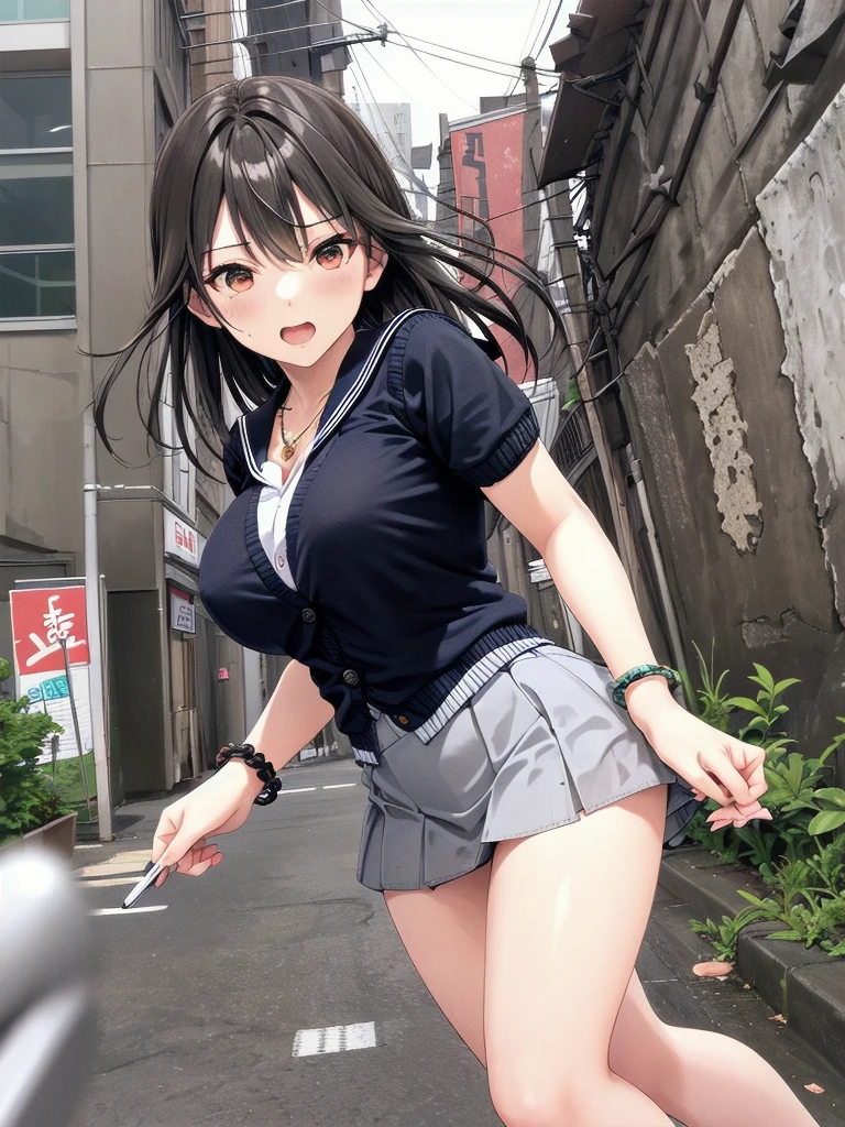     mature woman is open in millimeters  ,   お寺のBig Breasts, Student Uniform,  sailor suit, high school girl ,    cardigan with front closure  ,   cosplay, Big Breasts,        open your chest wide        , ,(     miniskirt length  :1.3),  (グレーの   フロントクロージャー付き cardigan with front closure  ),  sleeveless high neck top for viewers who place their hands behind the ground , No pants,(    sweated , shiny skin:1.1), (Ruins:1.2),      outdoor     ,sunlight, Spotlight effect,Dark Skies,Strong winds,(    High image quality,      high quality:1.1),      complicated details ,         Movie Lighting    ,      1 girl,(,  Because she's embarrassed ),(     necklace     ,      Bracelets),(Remoteプレイ:1.2), (Remote_vibration:1.2), (( hand:1.3))、   Dynamic pose of a ladle holding a ladle  ,