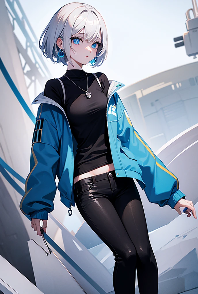 nishi kinuyo,White jacket,Blue Pants,Big Breasts,Short bob cut hair,Skimpy clothing,Silver Hair,White's Eyes,Smiling expression,whole body,Upright posture,Around age 30,Adult atmosphere