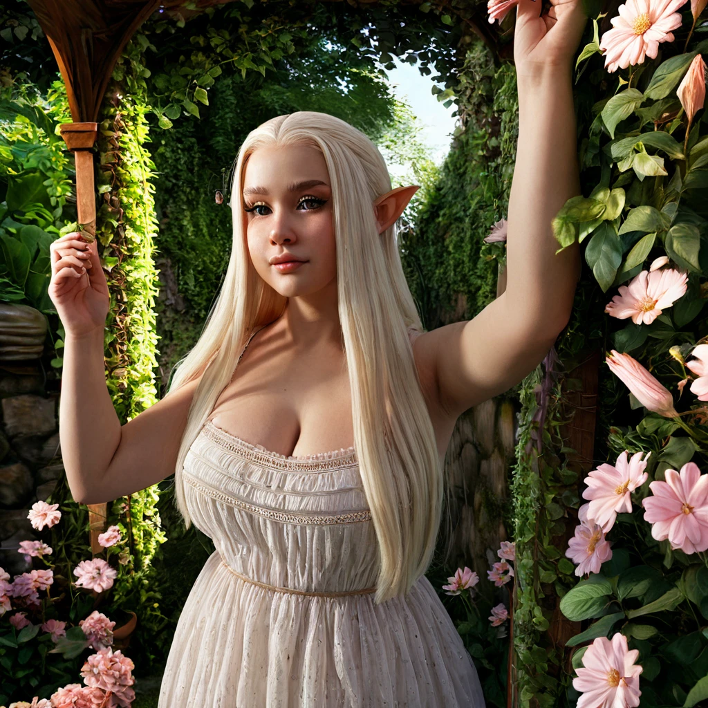 SFW, Best Quality, High resolution, 1girl, Details Girl, detail hands, Detail fingers, () Detail Face, detail 1girl in, elf, , Flower Garden, pale skin, ), Blonde hair,, long straight Hair, , , transparent sundress, (obse busty elf girl) () (), ((weight gain)), volumetric lighting, cinematic composition, highly detailed, photorealistic, 8k, best quality, masterpiece, ((roman nose, chubby cheeks)) full body portrait, puffed fingers, puffed face,  spherical inflation 