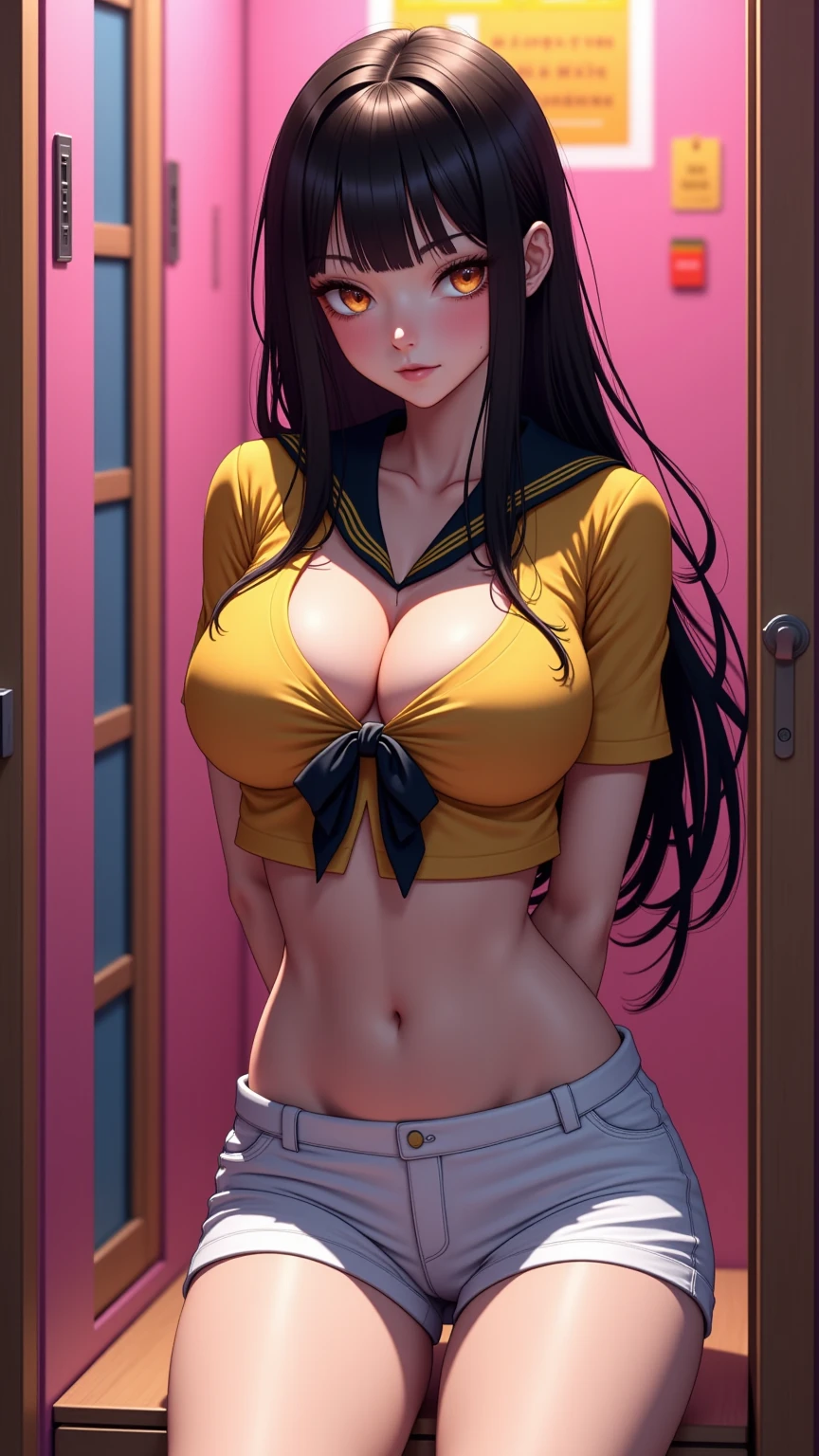 One girl、uniform　sexy　Erotic　Black Hair　mini skirt　Student Uniform　Sailor suit, Excellent anatomy, masterpiece, Highest quality,Realistic, hyperRealistic, 16k hdr,(((skirt lift))),NSFW、Long Hair、Straight Hair、bangs、freckles、Brown Hair、high school girl、White panties、Slender、Slender body、In the locker room, asian high school girl, huge breasts, cleavage, Lewd, horny, sexual gaze, huge breasts, cleavage, edgy graffiti graphic design with a neon pink, orange, and yellow colored palette, sexy pose, big orange eyes, ulzzang, portrait, (anime), manga, (3D), sexy, 8ｋ, Highest quality, masterpiece, Sharp focus, yellow hair, orange eyes, ((from below)), arms behind back, (photorealistic), 