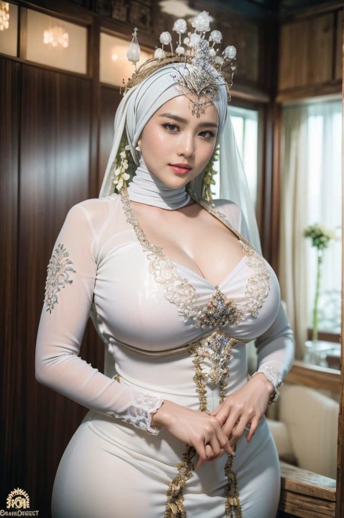 (masterpiece), ((best high quality:1.0), (ultra highres:1.0), detailed illustration, 8k, ((highest detailed)), ((ultra realistic)), soft lighting, ((realistic face, realistic skin)), ((super high resolution)), extreme detailed, ((HD picture)), ((indonesian old mother with hijab)), huge breasts, forward chest, busty body, short body, ((perfect beautiful face, thick lips, blush, Perfect round eyes, fat body)), ((sexy panganten sunda)), 2/3 body, ((wedding hall background)), ((sundese interior design))