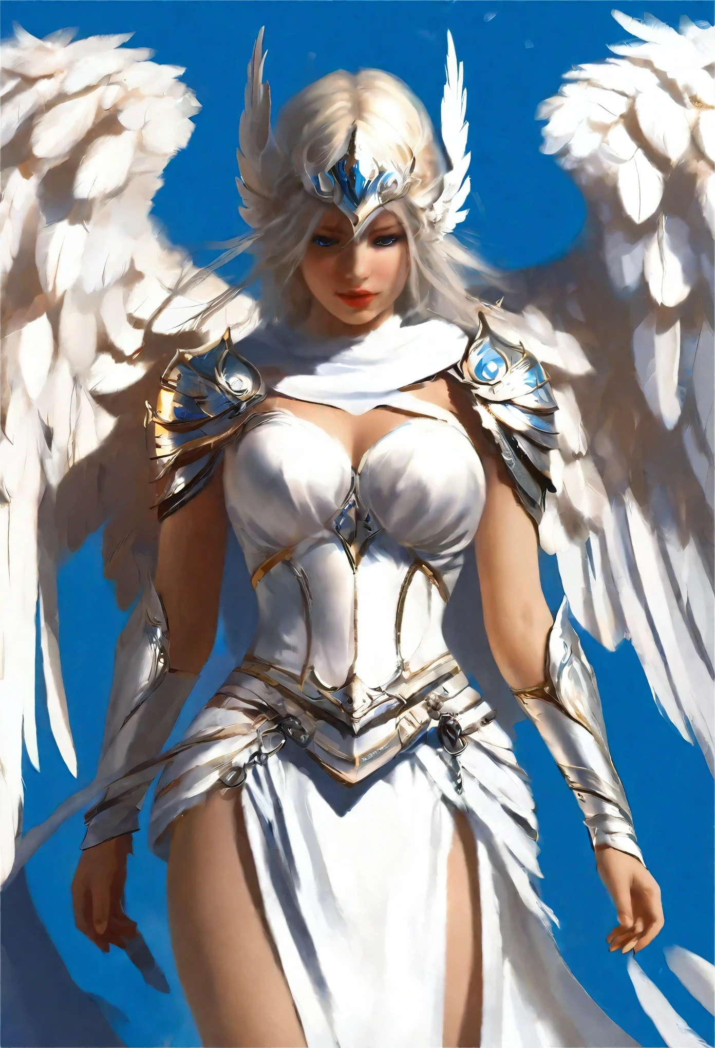 1 female angel，White cape showing at waist_wings armor feathers_Long wing feathers_Hair Shoulders Armor Shoulders_Single piece of armor_Upper wing separation_The body is white_Theme blue_Wings Wings