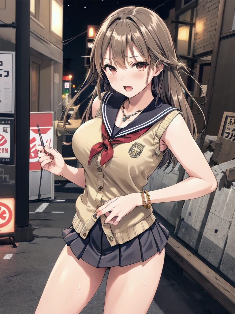     mature woman is open in millimeters  ,   お寺のBig Breasts, Student Uniform,  sailor suit, high school girl ,    cardigan with front closure  ,   cosplay, Big Breasts,        open your chest wide        , ,(     miniskirt length  :1.3),  (グレーの   フロントクロージャー付き cardigan with front closure  ),  sleeveless high neck top for viewers who place their hands behind the ground , No pants,(    sweated , shiny skin:1.1), (Ruins:1.2),      outdoor     ,sunlight, Spotlight effect,Dark Skies,Strong winds,(    High image quality,      high quality:1.1),      complicated details ,         Movie Lighting    ,      1 girl,(,  Because she's embarrassed ),(     necklace     ,      Bracelets),(Remoteプレイ:1.2), (Remote_vibration:1.2), (( hand:1.3))、   Dynamic pose of a ladle holding a ladle  ,