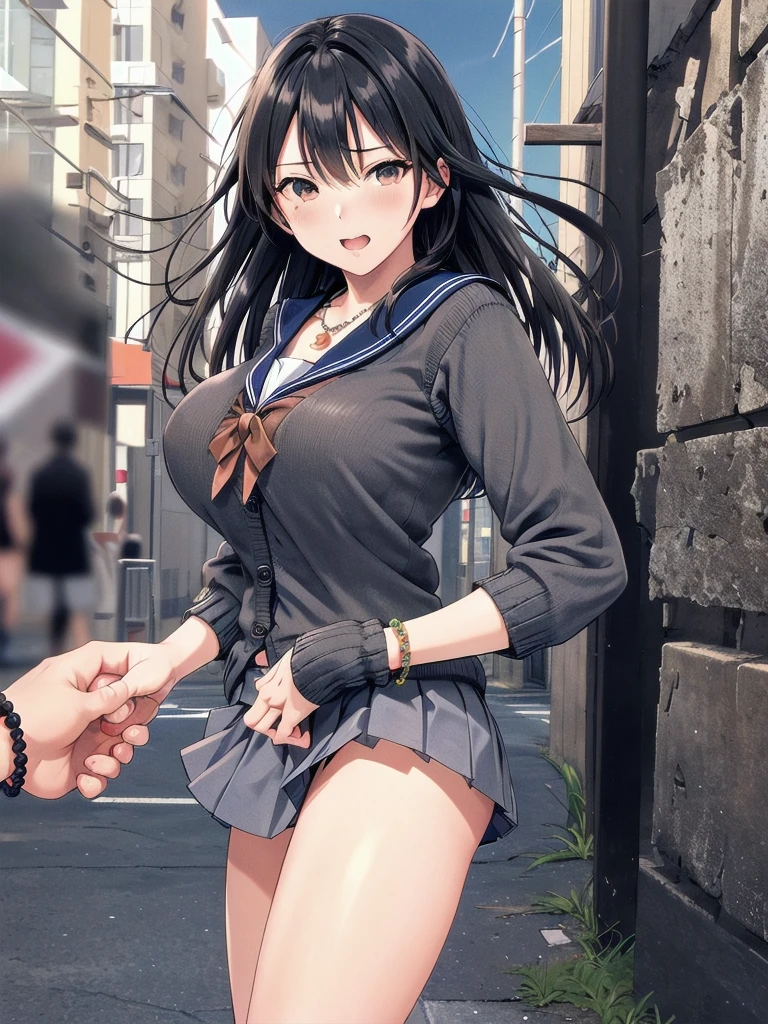     mature woman is open in millimeters  ,   お寺のBig Breasts, Student Uniform,  sailor suit, high school girl ,    cardigan with front closure  ,   cosplay, Big Breasts,        open your chest wide        , ,(     miniskirt length  :1.3),  (グレーの   フロントクロージャー付き cardigan with front closure  ),  sleeveless high neck top for viewers who place their hands behind the ground , No pants,(    sweated , shiny skin:1.1), (Ruins:1.2),      outdoor     ,sunlight, Spotlight effect,Dark Skies,Strong winds,(    High image quality,      high quality:1.1),      complicated details ,         Movie Lighting    ,      1 girl,(,  Because she's embarrassed ),(     necklace     ,      Bracelets),(Remoteプレイ:1.2), (Remote_vibration:1.2), (( hand:1.3))、   Dynamic pose of a ladle holding a ladle  ,